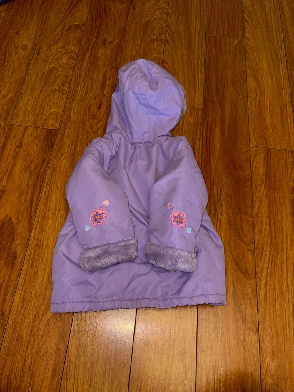 Y2K fur lined lavender puffer coat with floral design